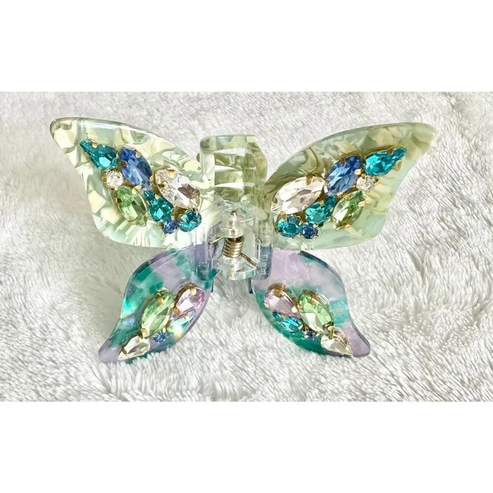 Blue and green rhinestone embellished butterfly hair claw ￼
